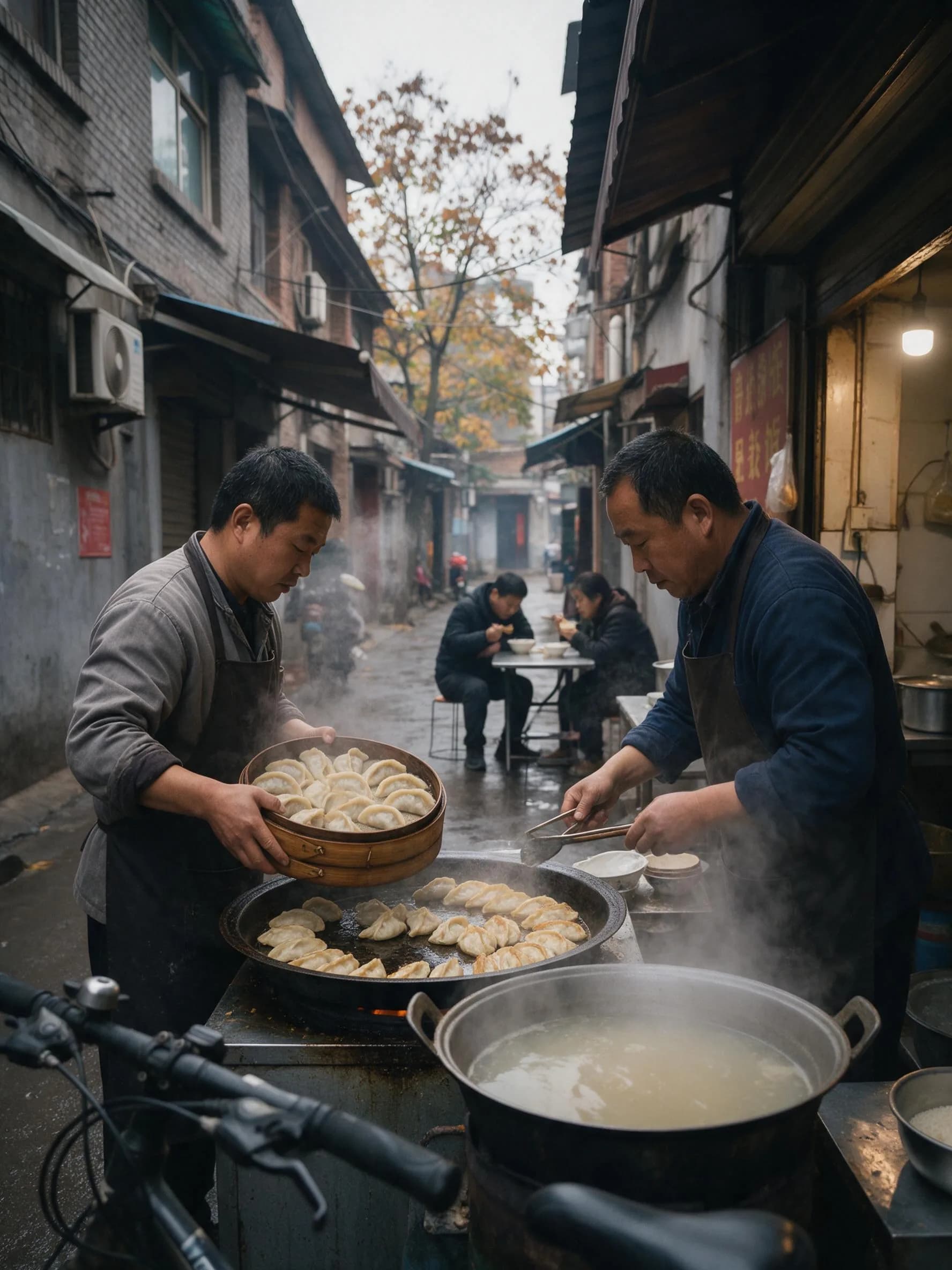 Steaming soup and potstickers at a morning food stall on Xigong Xiaojie in Luoyang, China