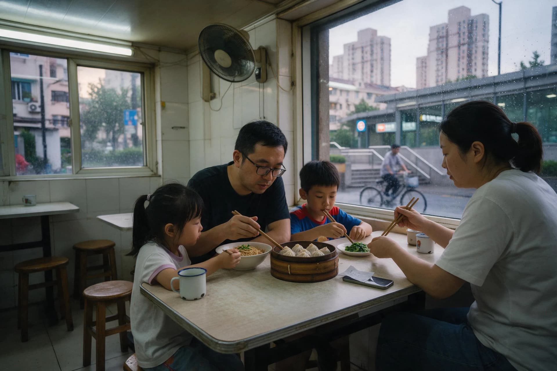 A family of four shares an affordable noodle lunch in Hongkou, Shanghai, while planning a 2026 Shanghai budget trip