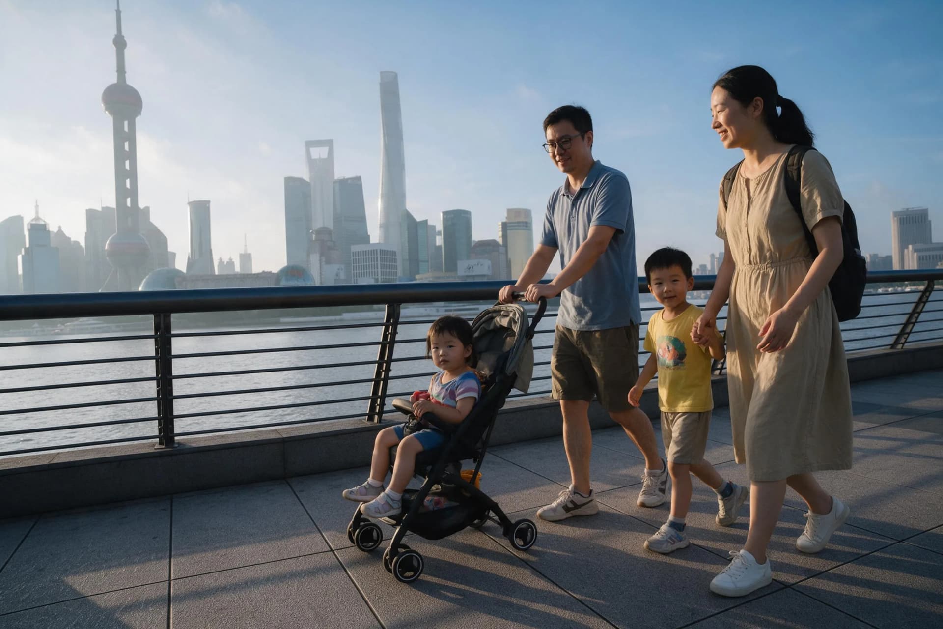 Family walking along the Bund in Shanghai with the Pudong skyline in soft morning light