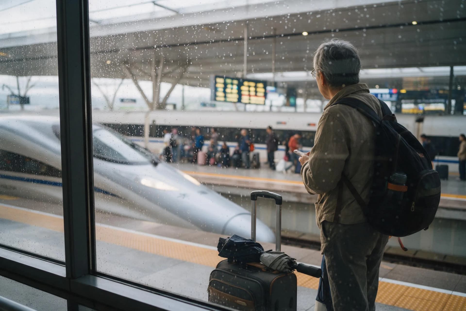 Viajero con una maleta con ruedas cruzando la estación de tren de Shanghái Hongqiao en una mañana lluviosa