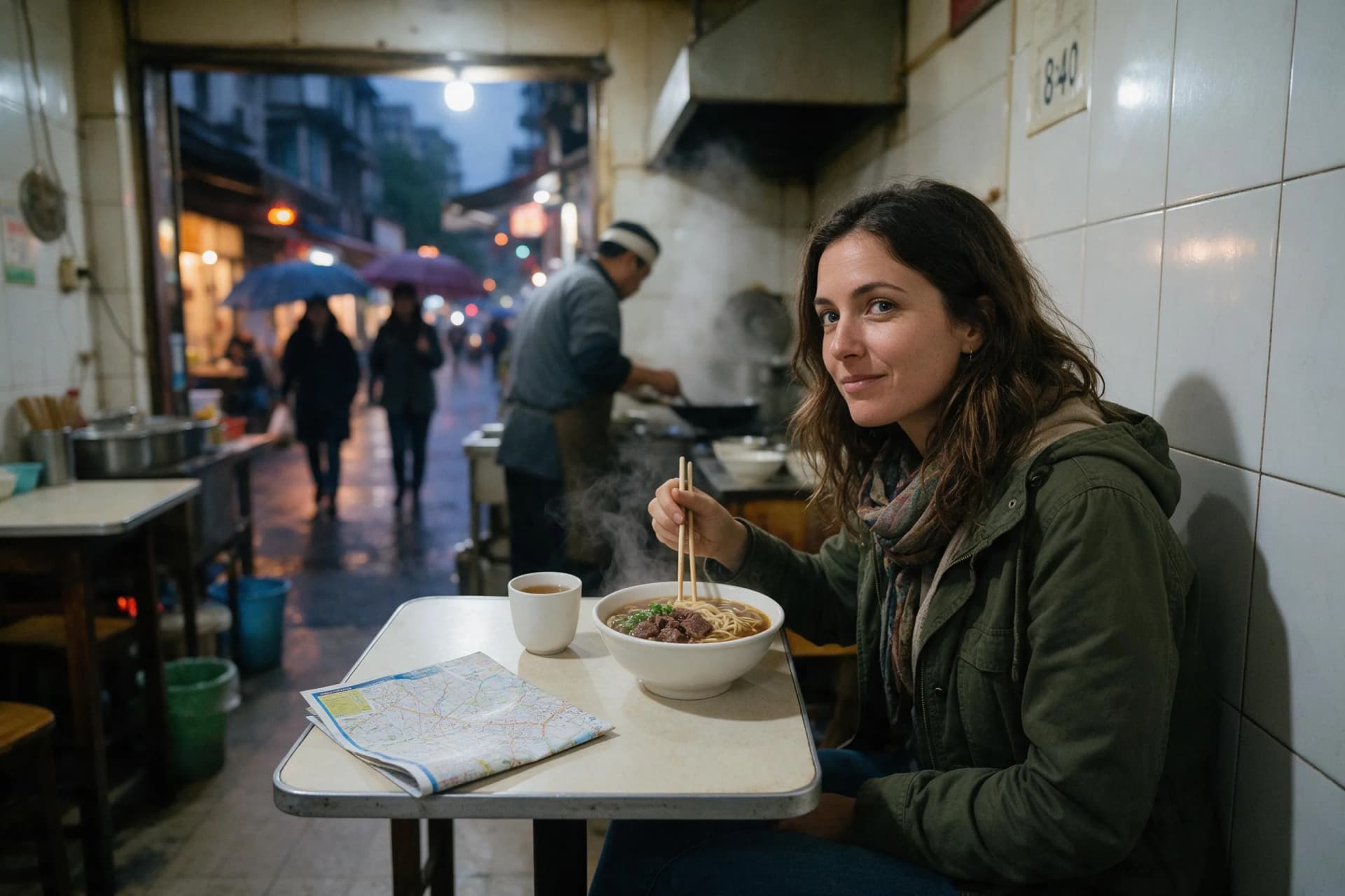 Solo woman eating noodles alone in a small Chinese restaurant on a rainy evening