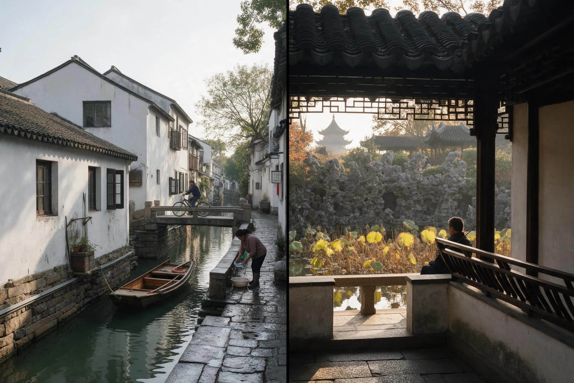 Canal lane on Pingjiang Road in Suzhou, China, with whitewashed houses, a stone bridge and a hand-rowed boat at dawn