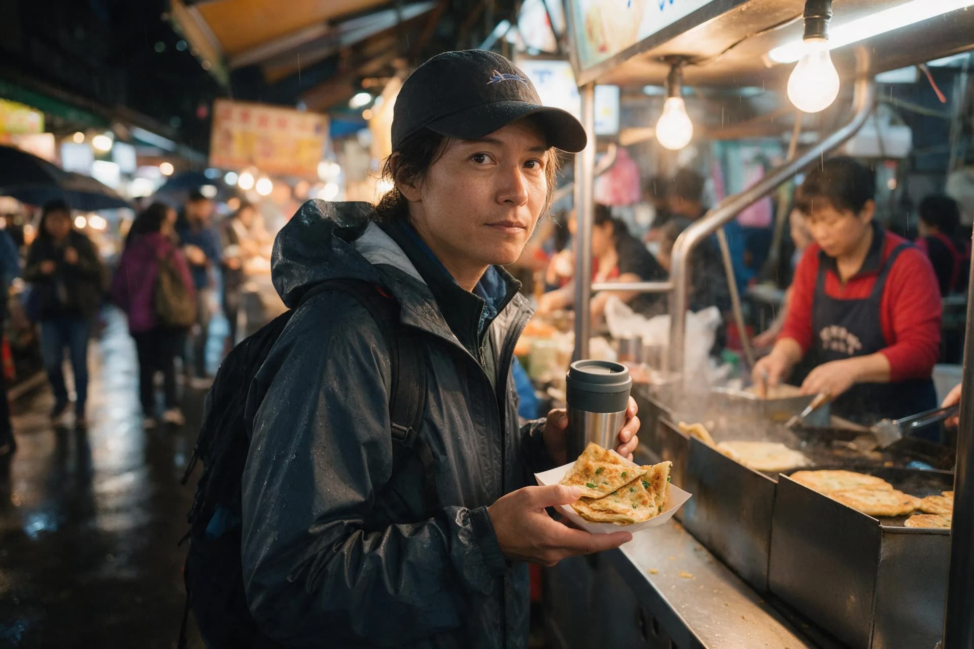 Traveler comparing Taiwan budget costs over street food at a Taipei night market in 2026