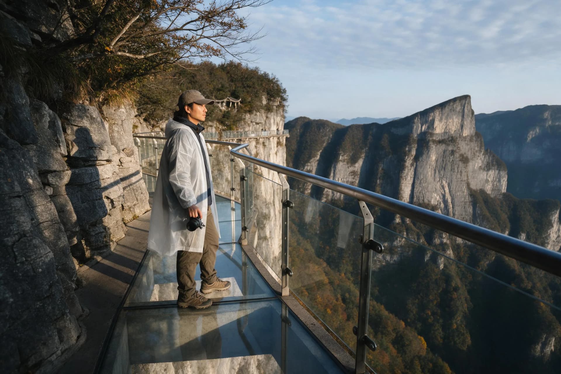 Photographer on the Coiling Dragon glass skywalk at Tianmen Mountain near Zhangjiajie in late-afternoon light