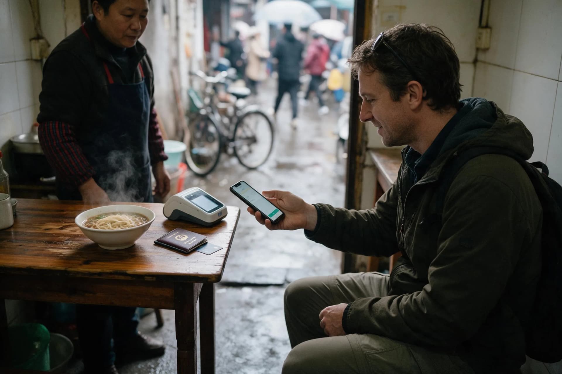 Traveler setting up WeChat Pay with a foreign card at a small noodle shop in China