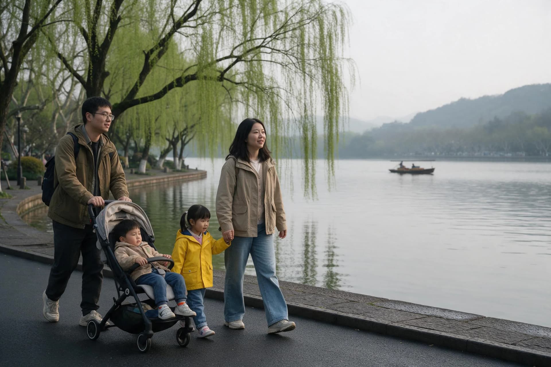 Family with a stroller on the flat Bai Causeway at West Lake, Hangzhou, China
