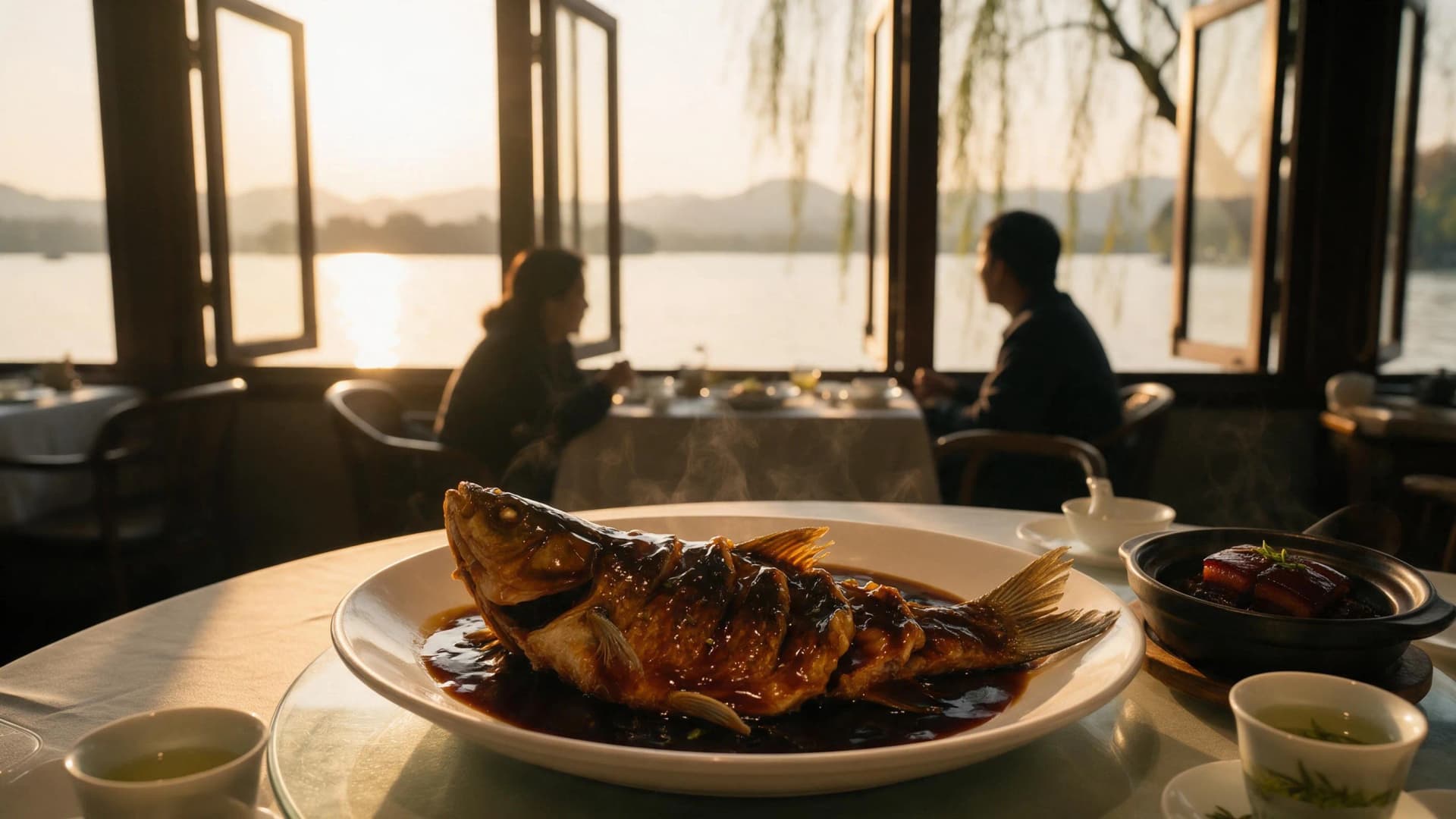 Golden-hour table of West Lake vinegar fish, Dongpo pork and Longjing tea at a lakeside restaurant in Hangzhou, China