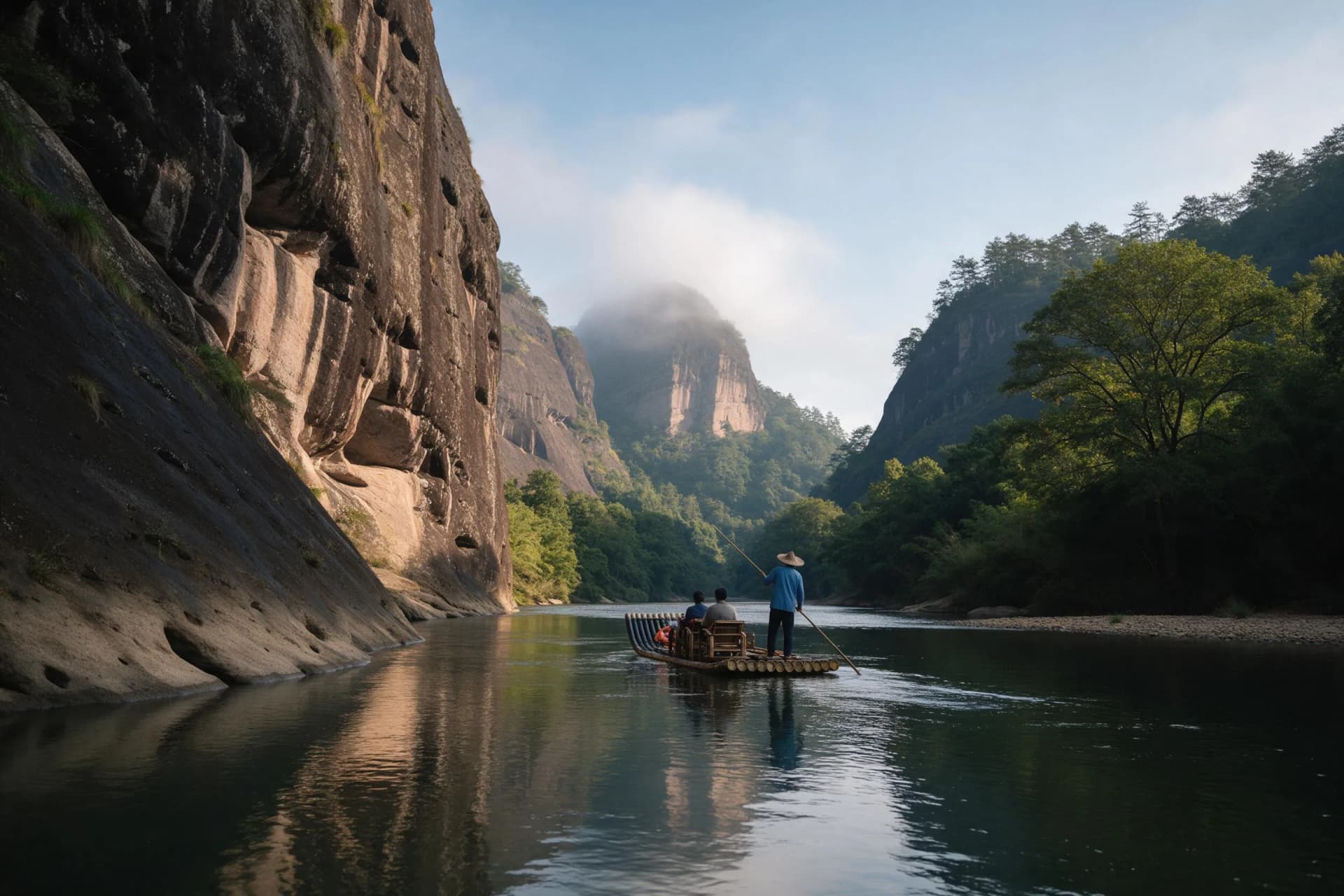 Bamboo rafts on the Nine-Bend River beneath sandstone cliffs in Wuyishan Scenic Area, Fujian, China