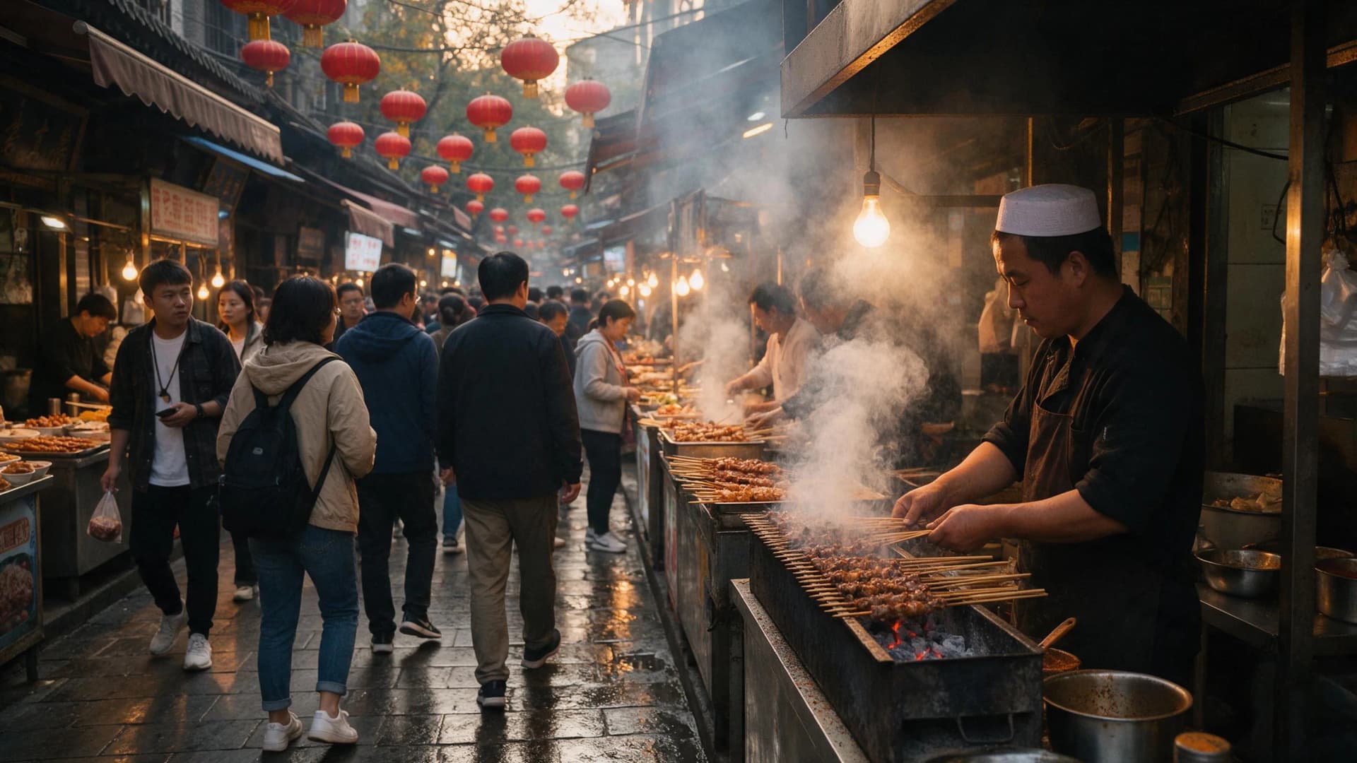 Evening crowds and food stalls under red lanterns in Xi'an's Muslim Quarter, with the Drum Tower rising behind