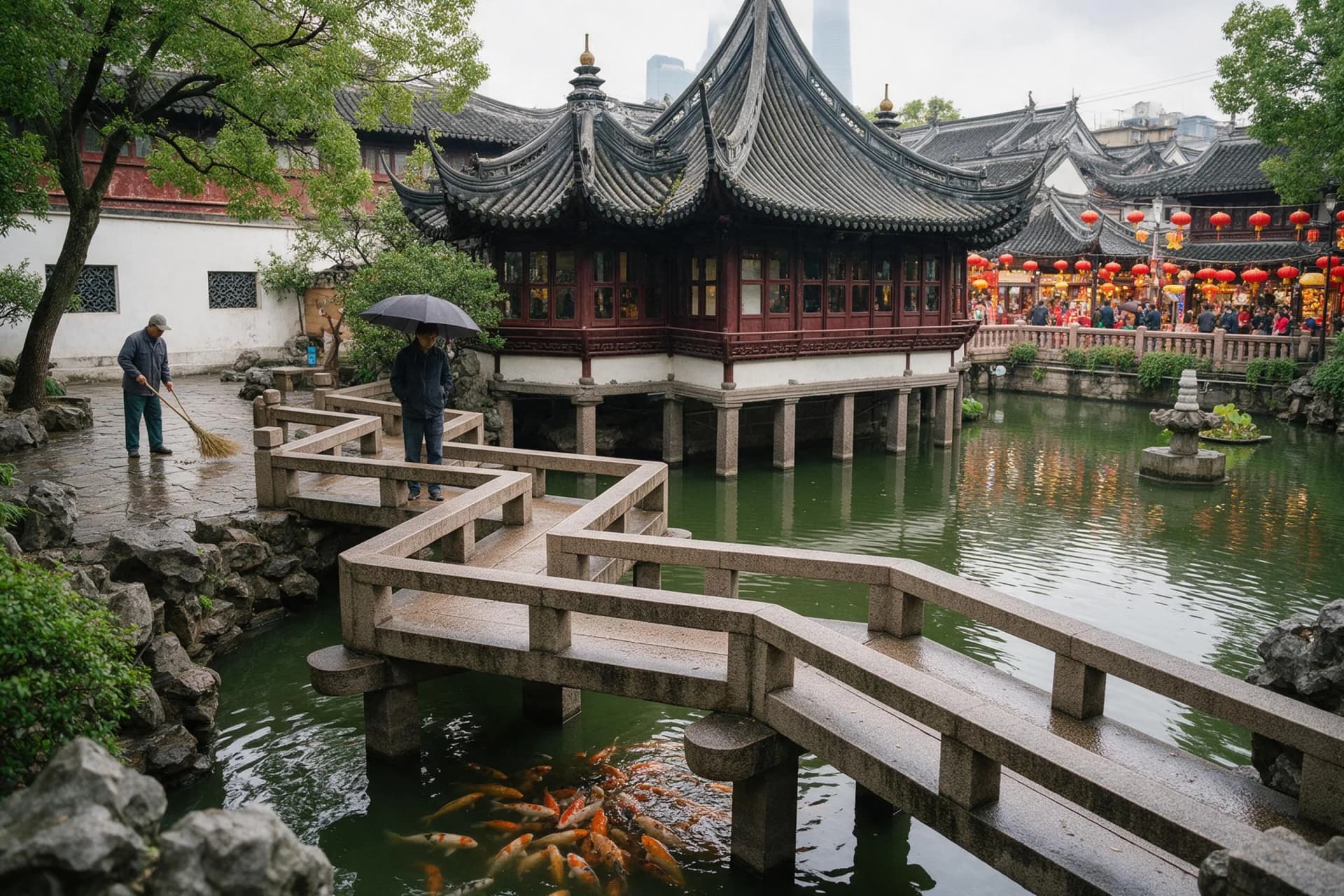 Zigzag Nine-Turn Bridge and Huxinting Teahouse above a koi pond at Yu Garden, Shanghai's Ming-dynasty garden in the Old City