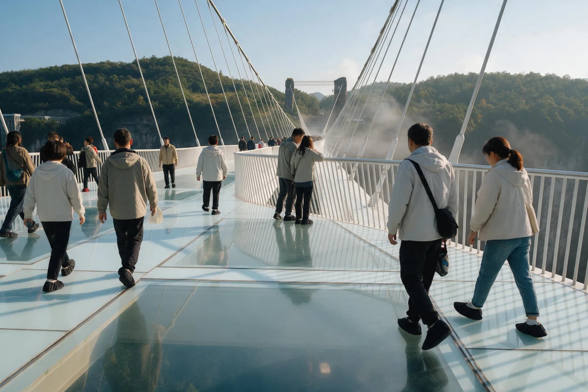 Visitors in shoe covers crossing the Zhangjiajie Glass Bridge high above the green canyon floor