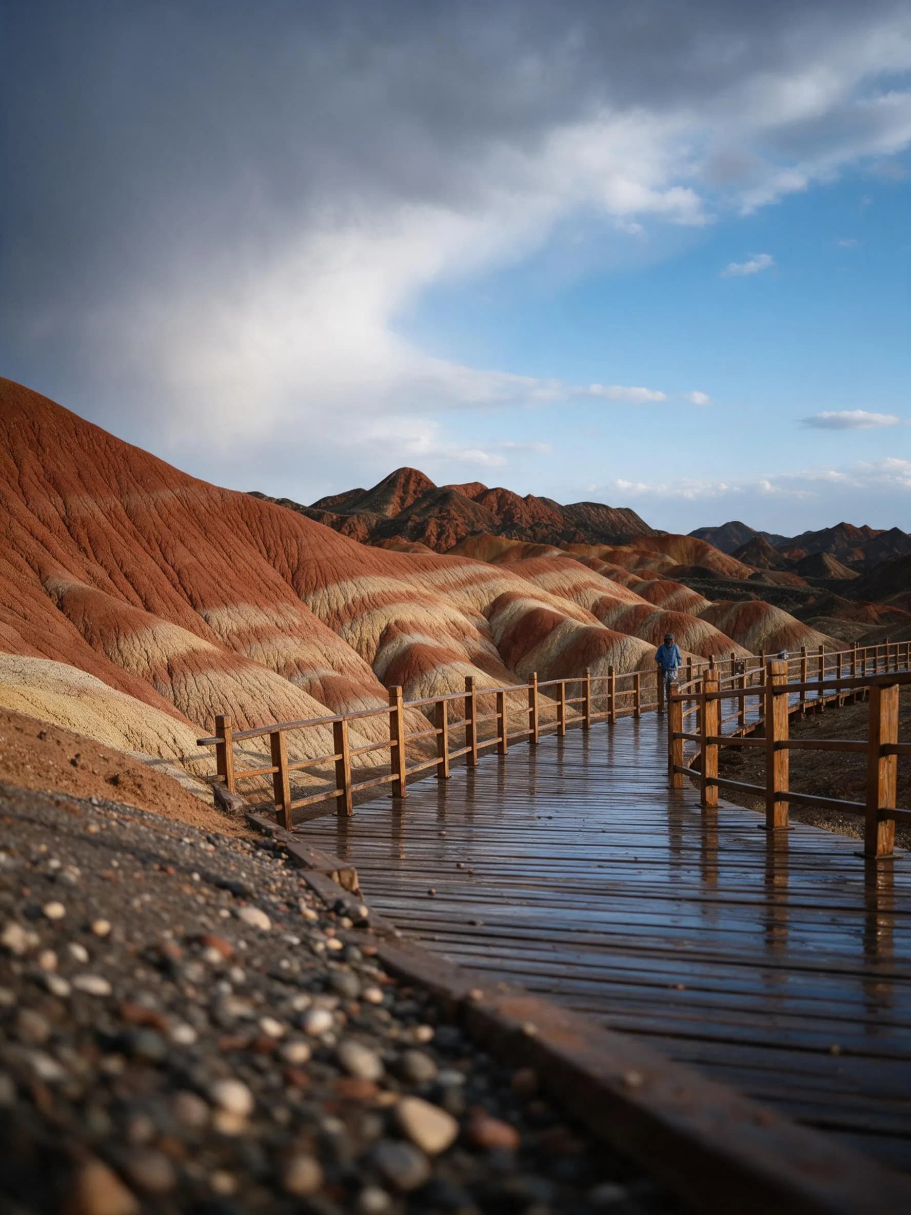 First light over red and ochre striped cliffs at Zhangye Danxia with a traveler on a wet boardwalk