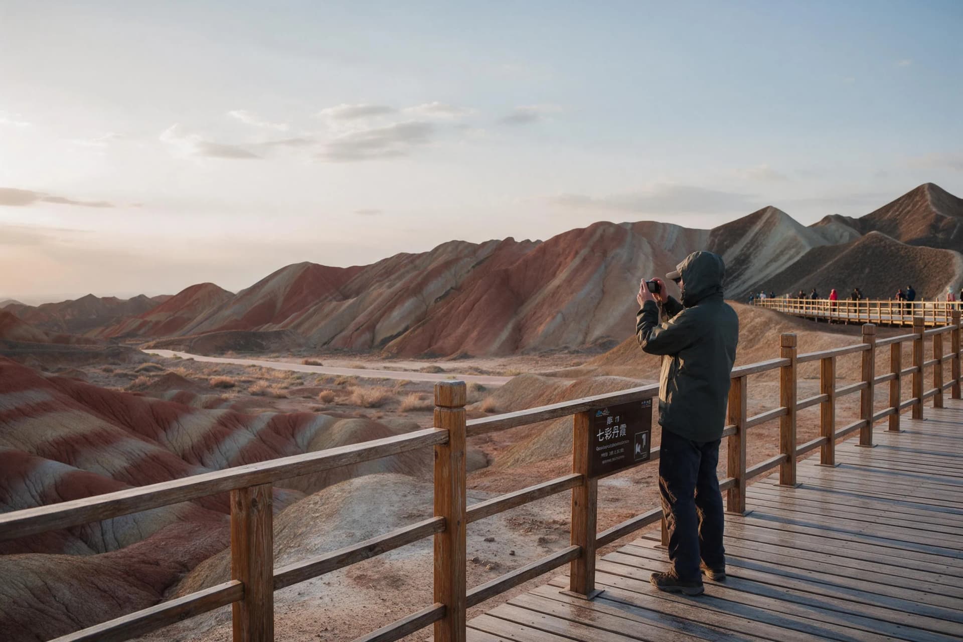 Photographer at sunrise on Platform 1, one of the best Zhangye Rainbow Mountains photography spots in Gansu