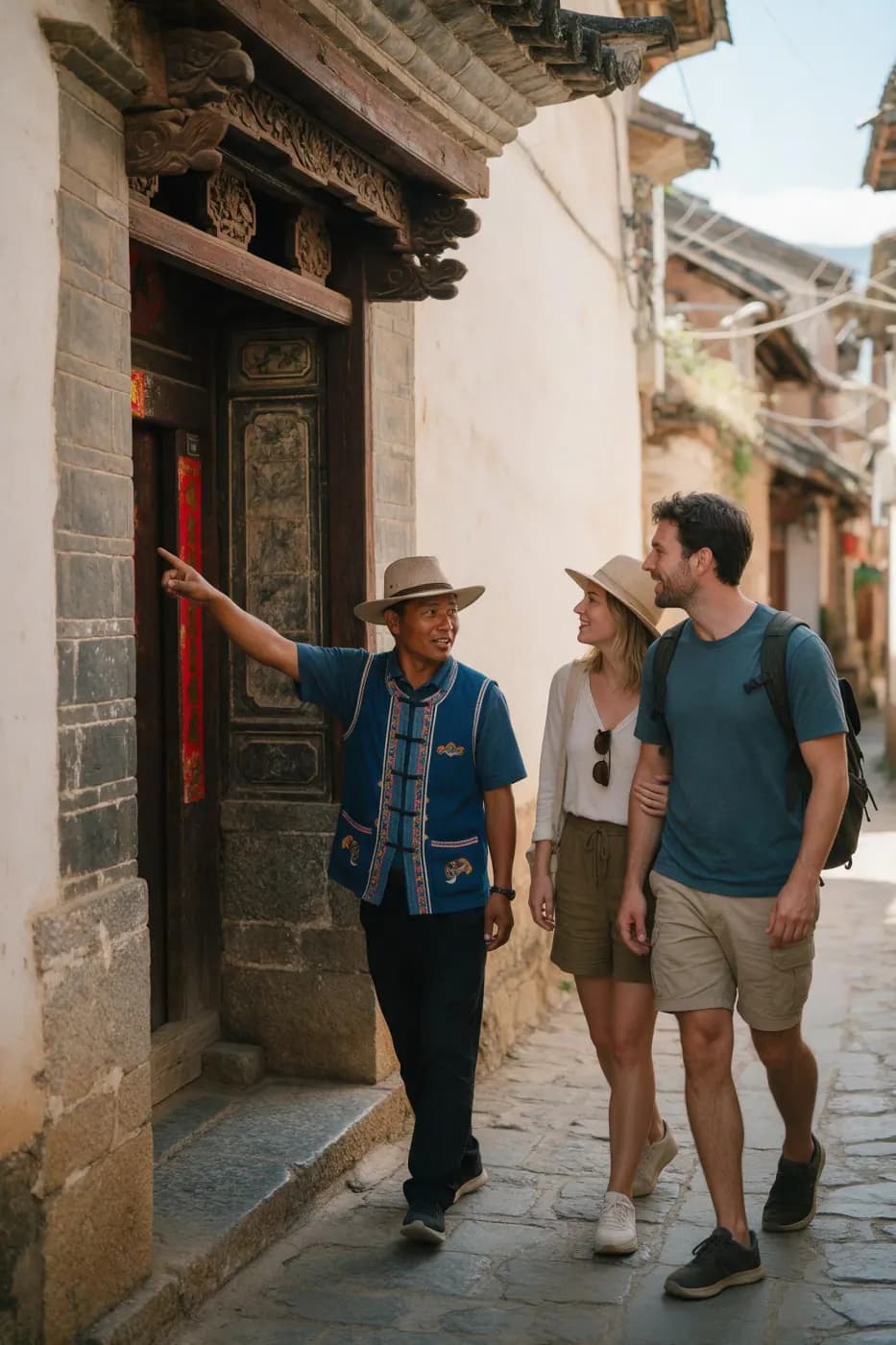 Private guide and travellers walking a quiet village lane in China