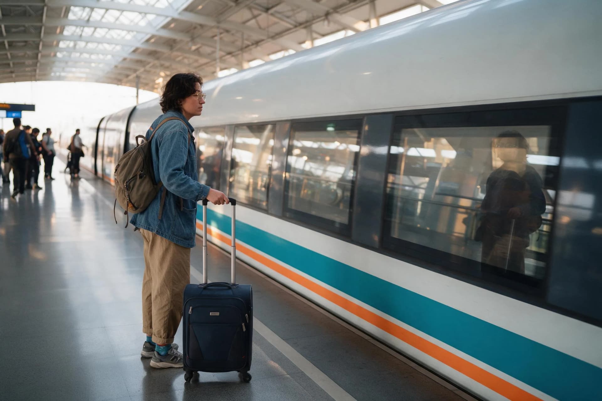 Traveler with suitcase boarding the Shanghai Maglev from Pudong Airport to the city