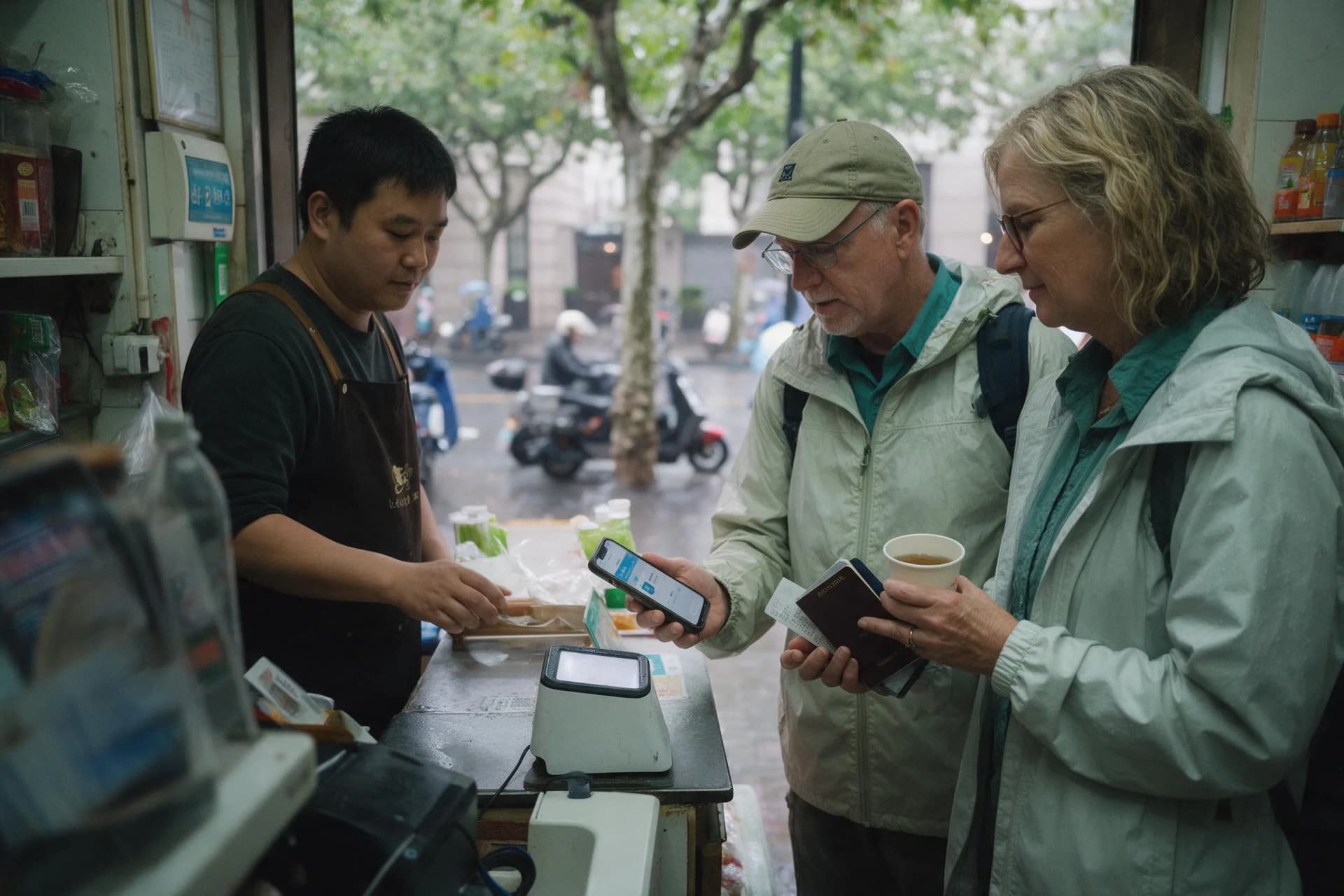 Alipay vs WeChat Pay for tourists: travelers compare phones at a shop beside East Nanjing Road Station, Exit 2, in Shanghai