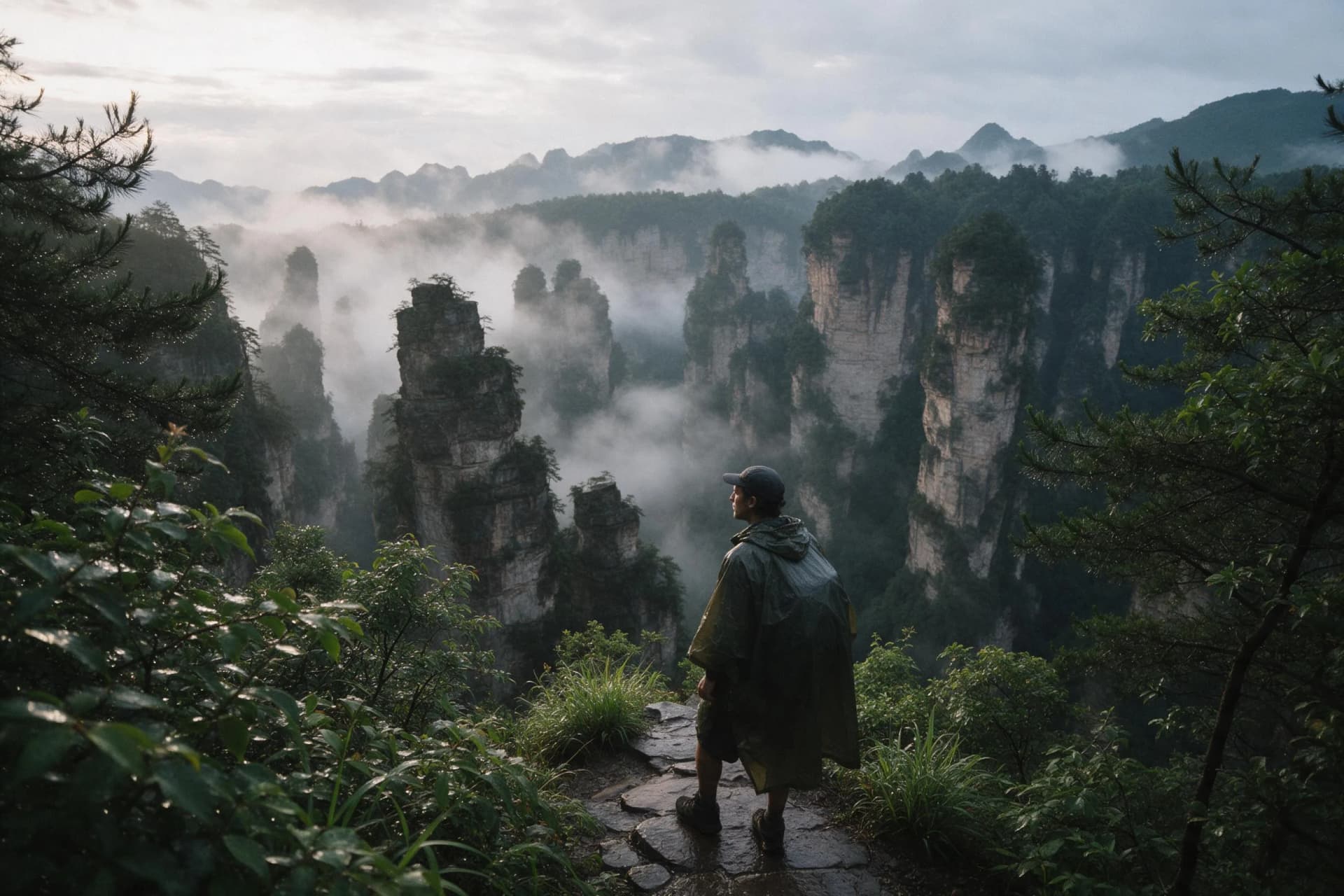Photographer's view of misty sandstone pillars and a hiker on a wet trail in Zhangjiajie's Avatar Mountains