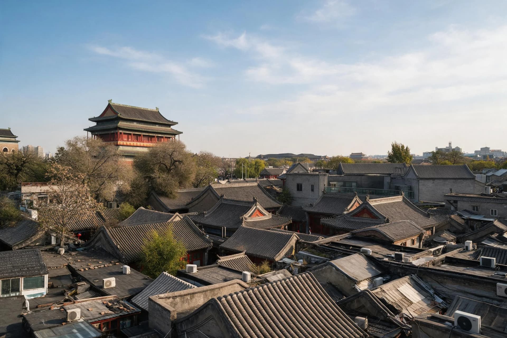 Real travel photograph from Jingshan Park looking south over the Forbidden City's golden roofs on a clear, cool mid-October morning at 8:40 am, shot at 35mm, f/2.8, 1/250s, ISO 200