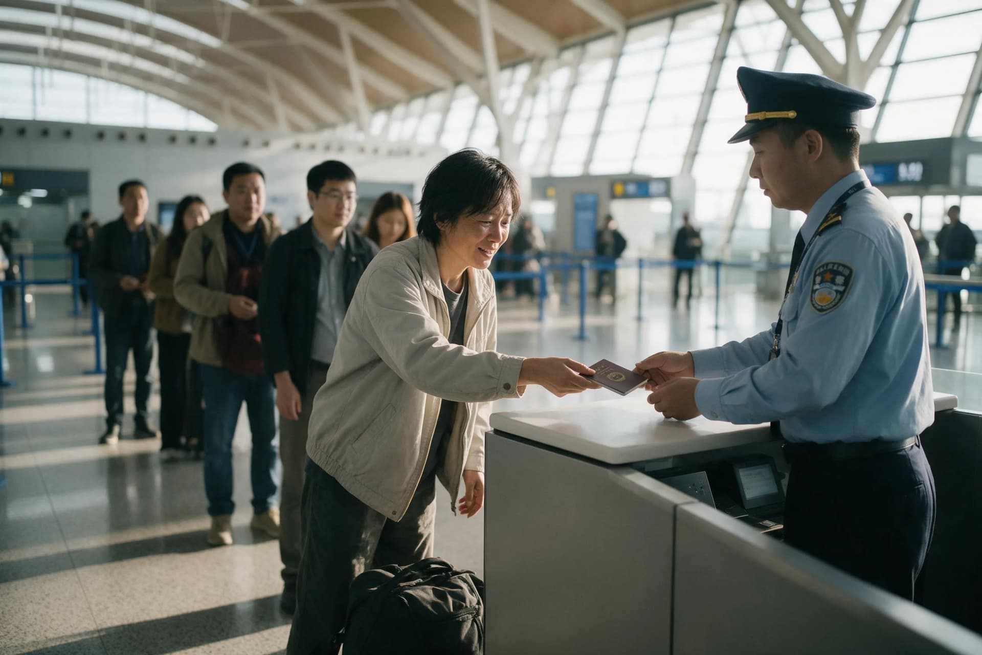 US and UK passports at a Shanghai airport transit counter under China's 240-hour visa-free transit rule