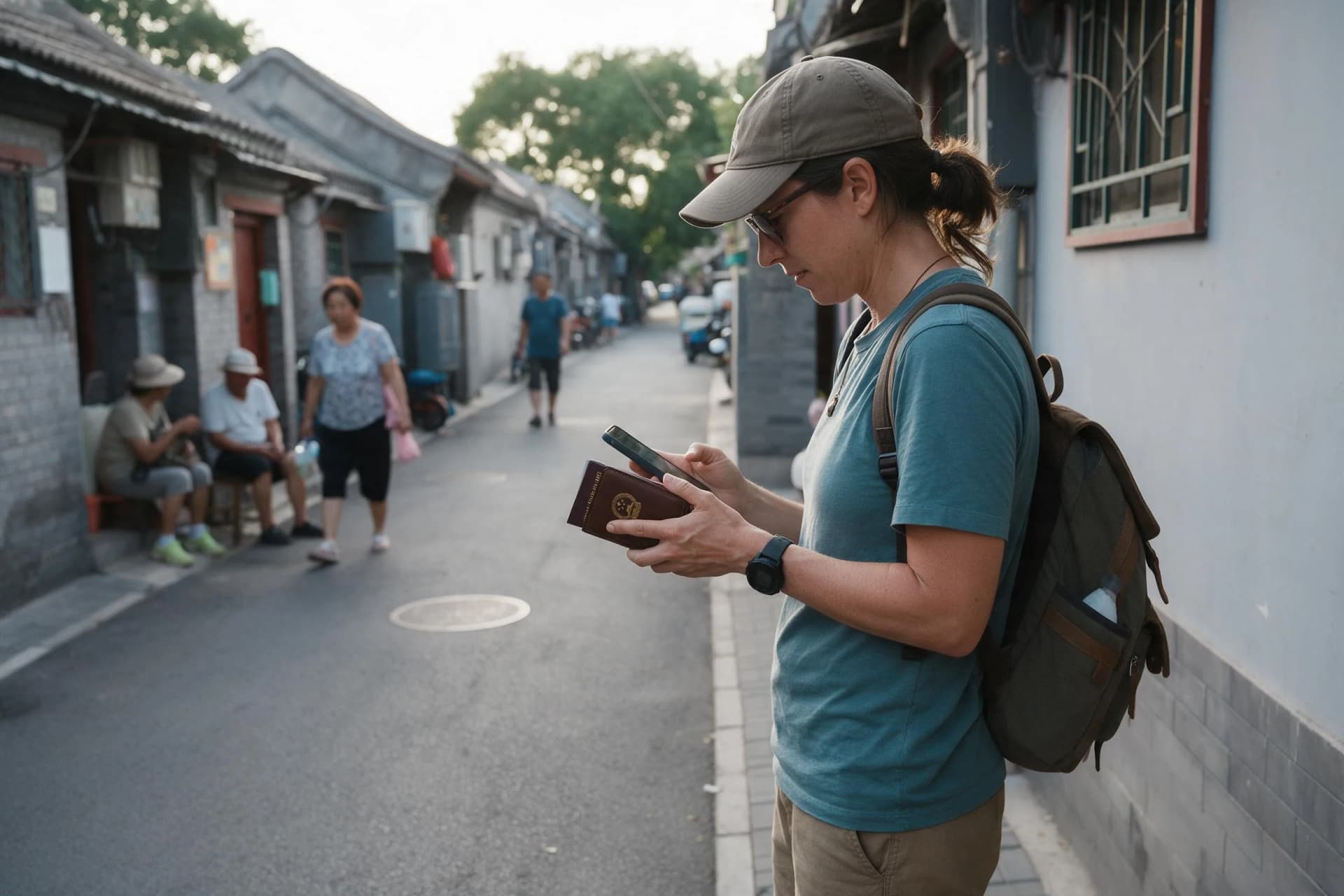 Traveler checking an onward ticket for China 240-hour visa-free transit in a Beijing hutong