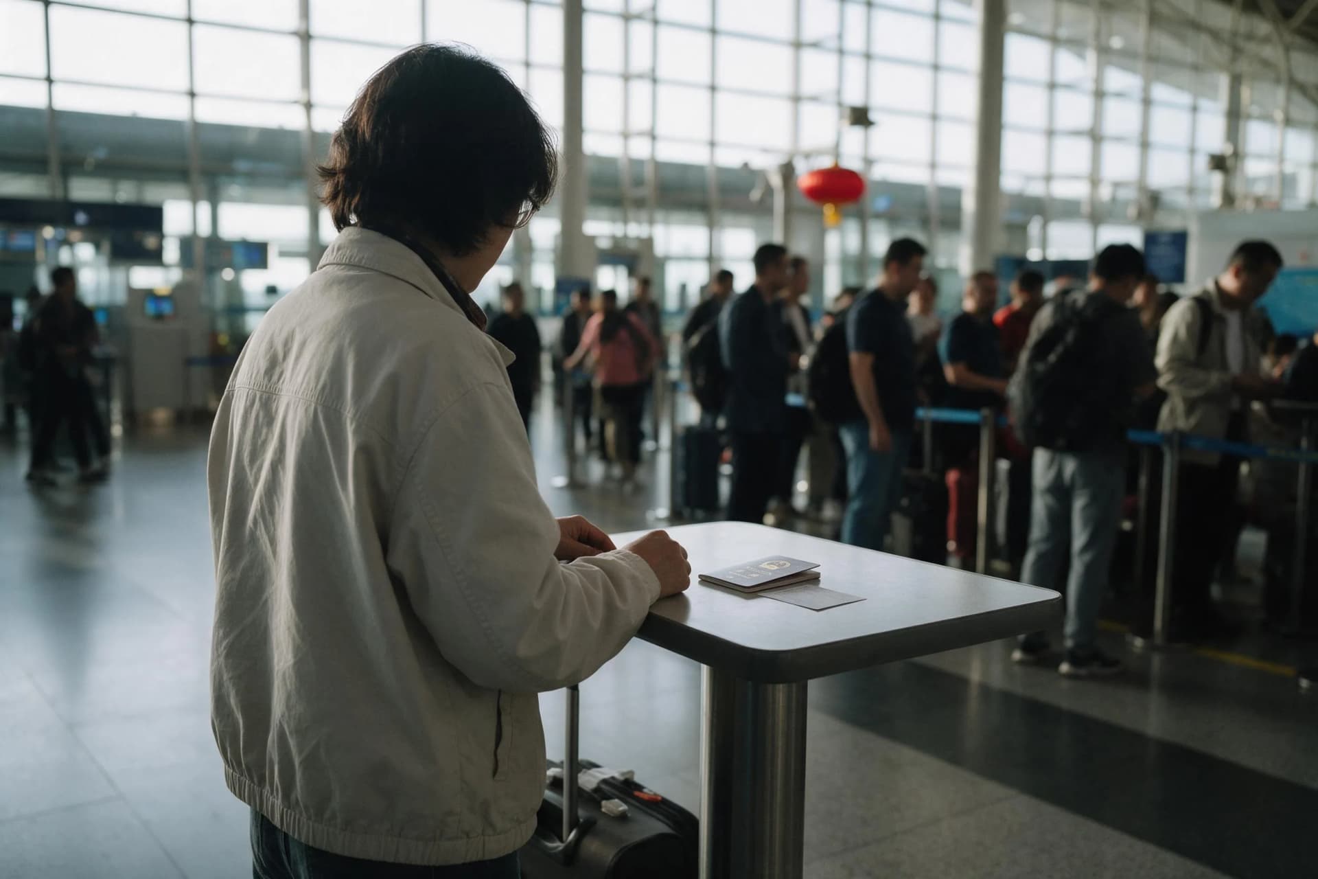 Traveler filling in a paper arrival form at a counter in a Chinese airport arrivals hall under soft grey daylight