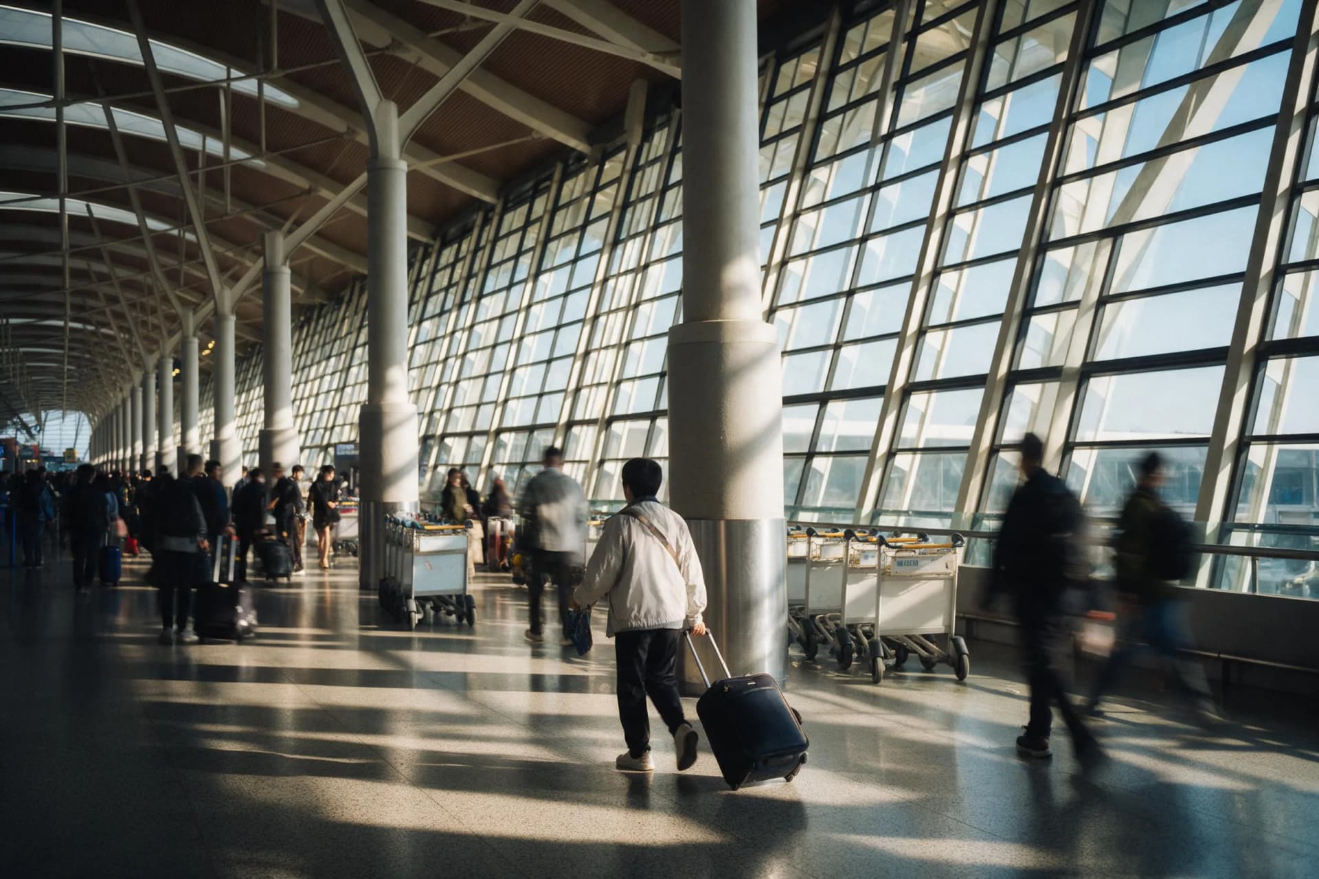 Afternoon light through the glass arrivals hall at Shanghai Pudong airport, first photo stop on a 2026 China arrival card trip
