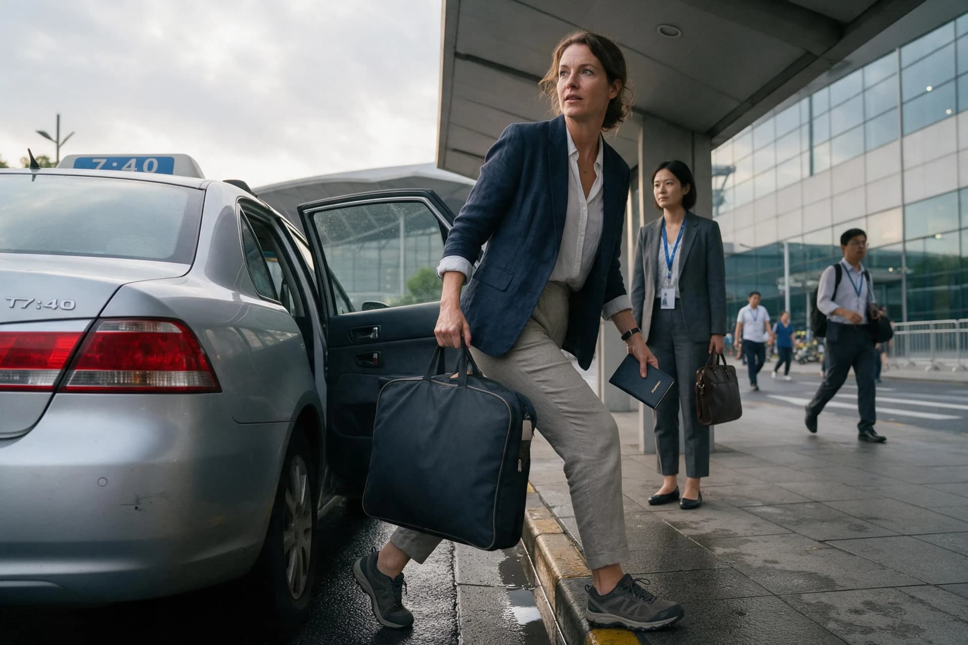 US business traveler arriving by taxi outside a Shanghai exhibition hall on a rainy morning for a China business visa trip