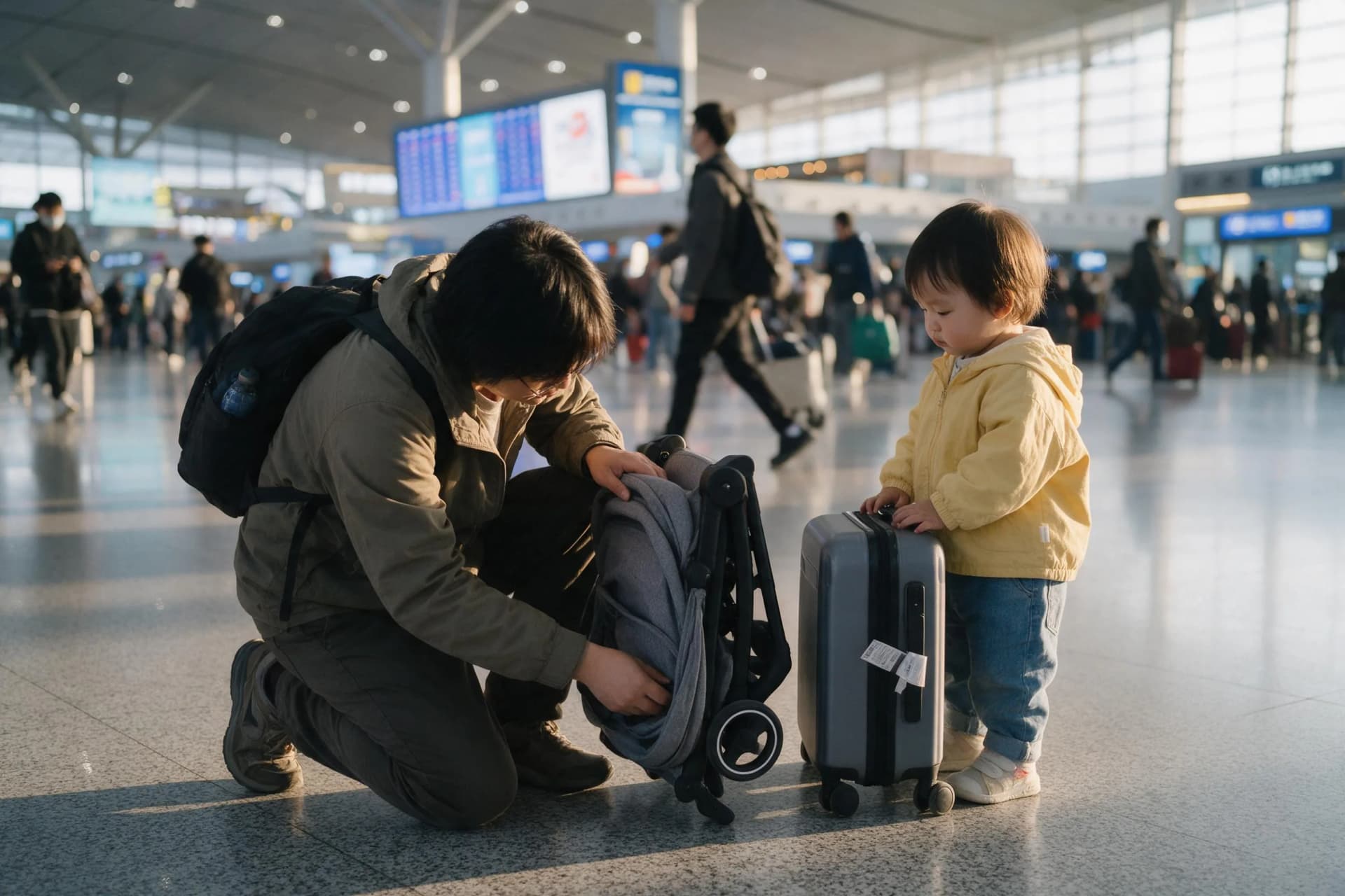 Parent folding a stroller beside a toddler and suitcase in a Chinese high-speed rail station