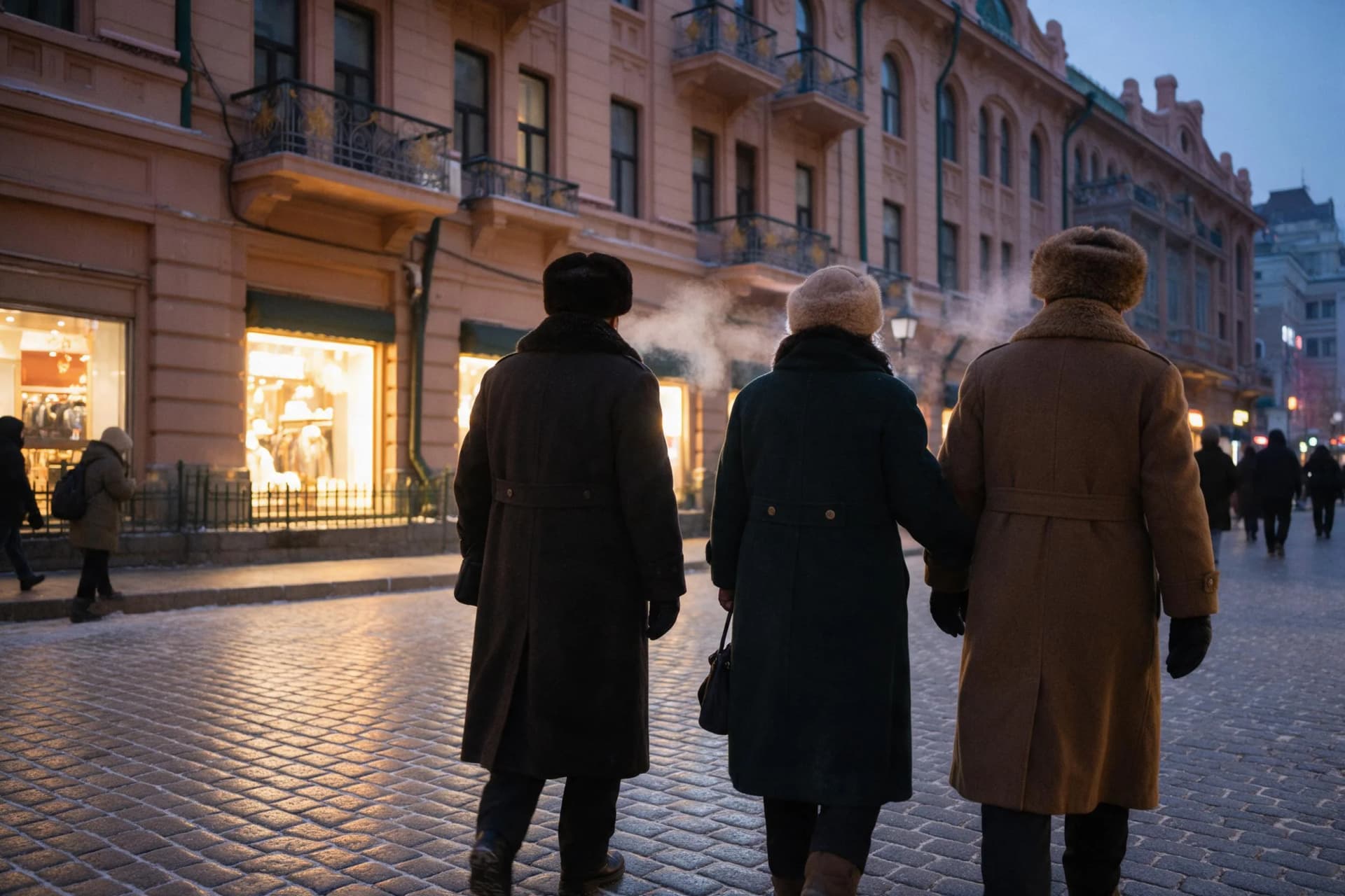 Winter dusk on Harbin's Central Street with ice-sheened granite paving and warm-lit Baroque facades