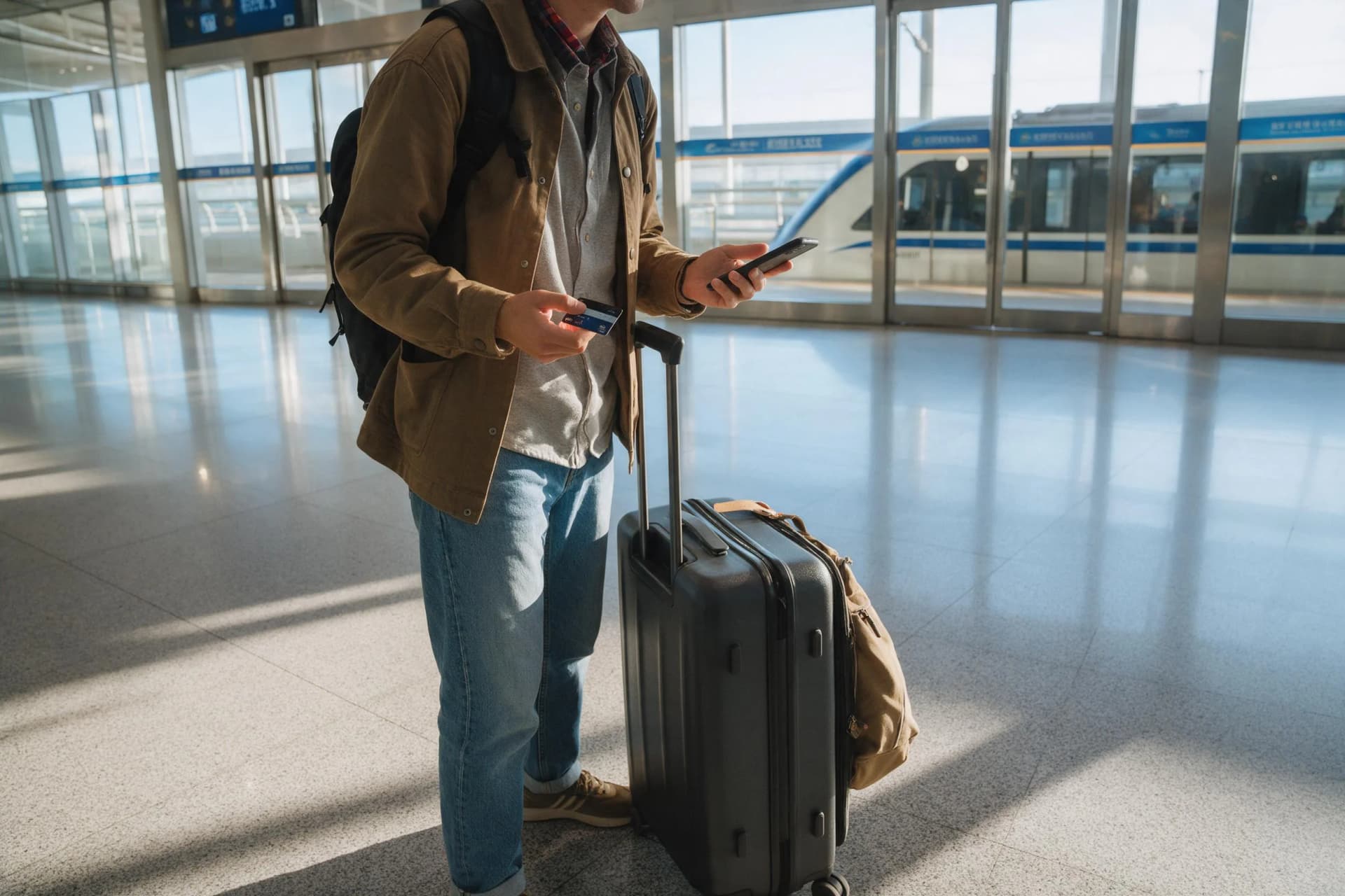 Traveler using Alipay on a smartphone while waiting for a Beijing Airport Express train with luggage