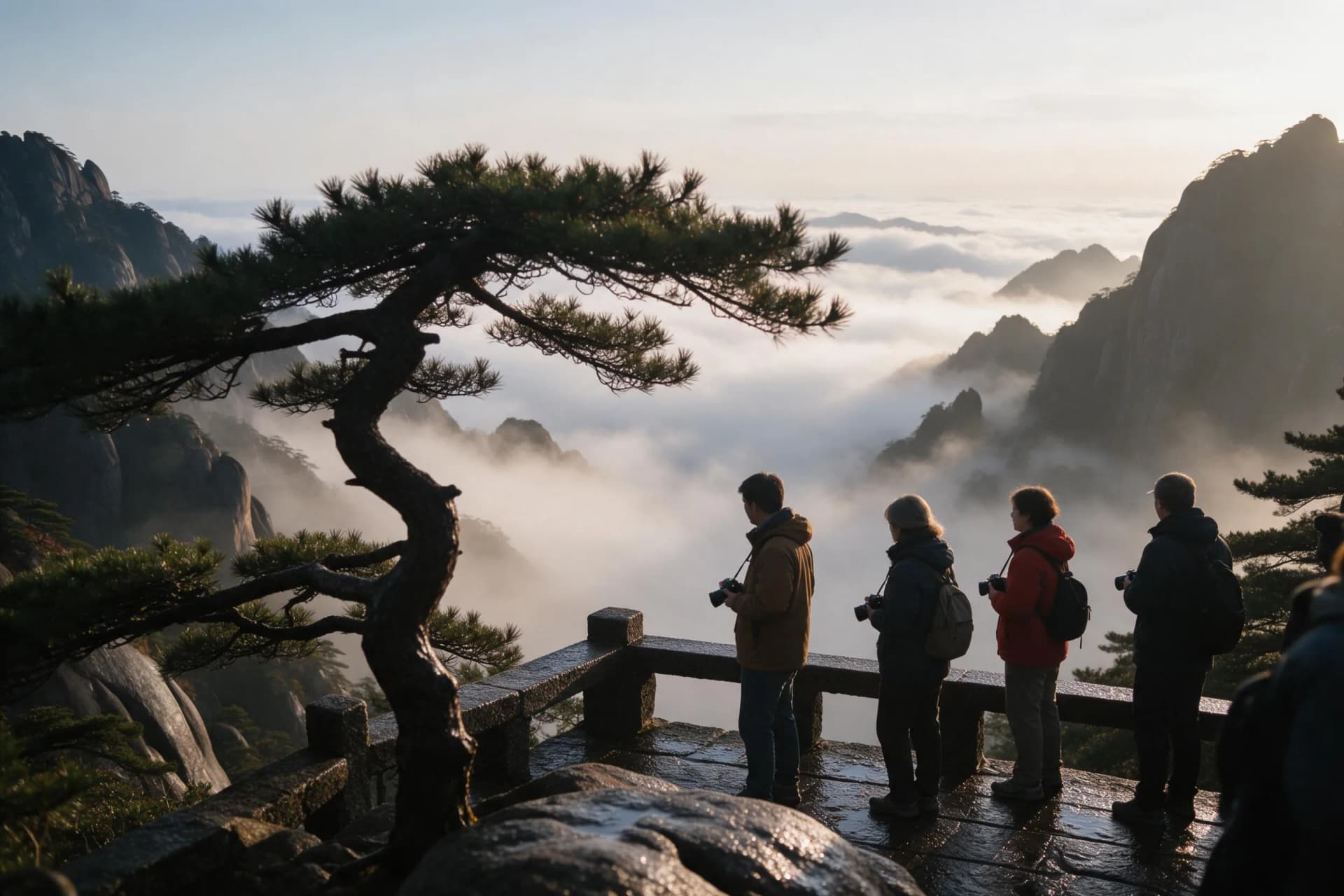 Sea of clouds between granite peaks at sunrise from Refreshing Terrace in Huangshan, China