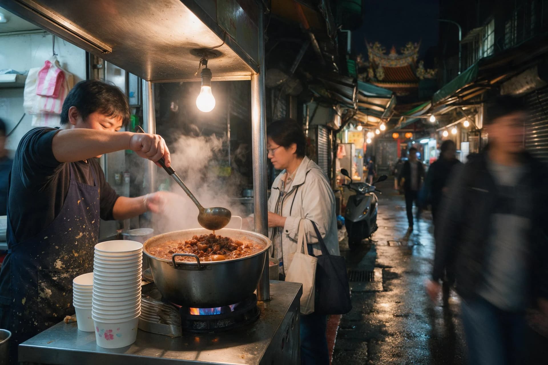 Taipei night market food stall steaming after rain with a vendor ladling braised pork rice beside wet alley stones