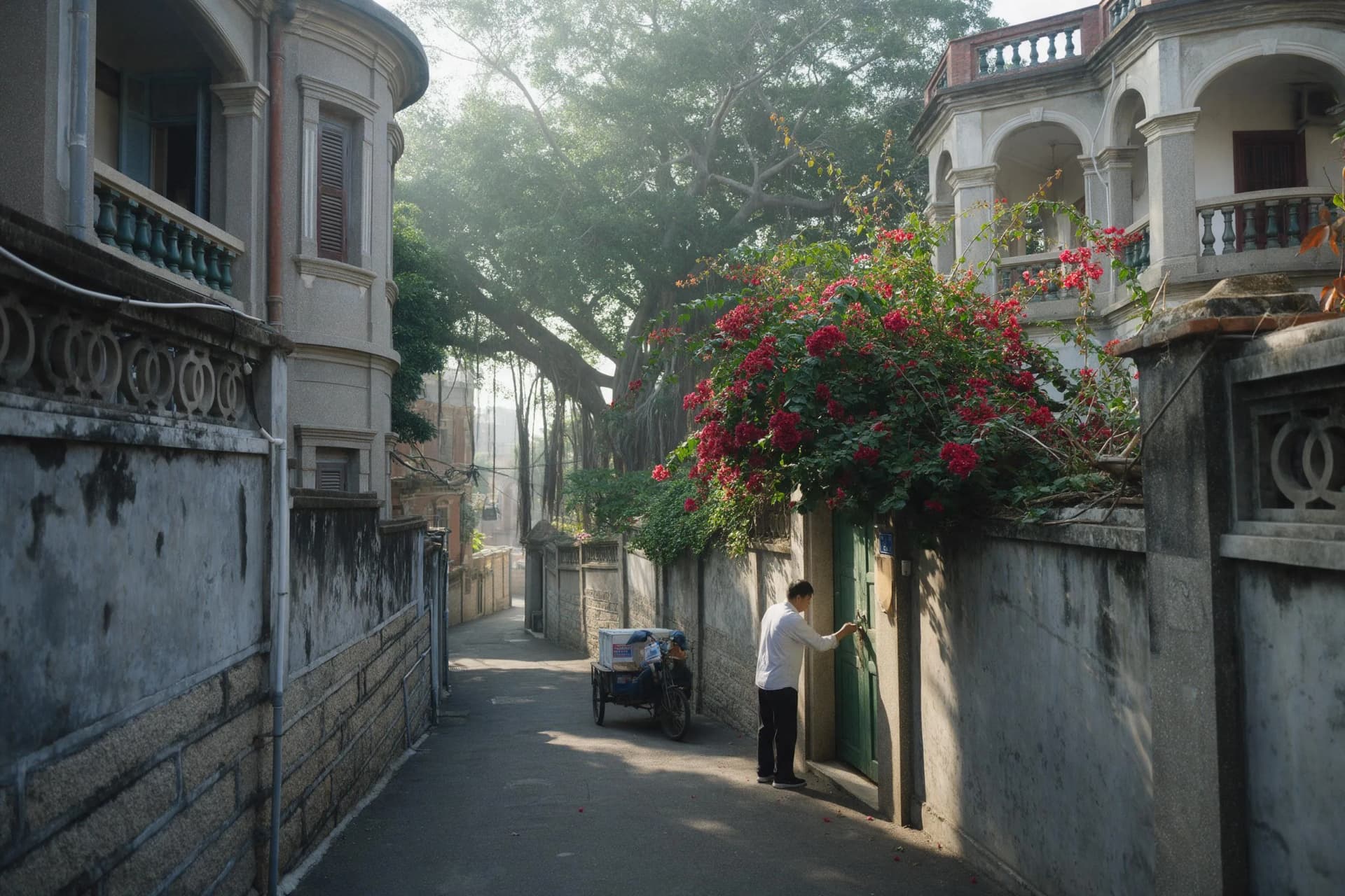 Bougainvillea and weathered 1920s villas on a quiet lane in car-free Gulangyu, Xiamen, China, in early-morning light